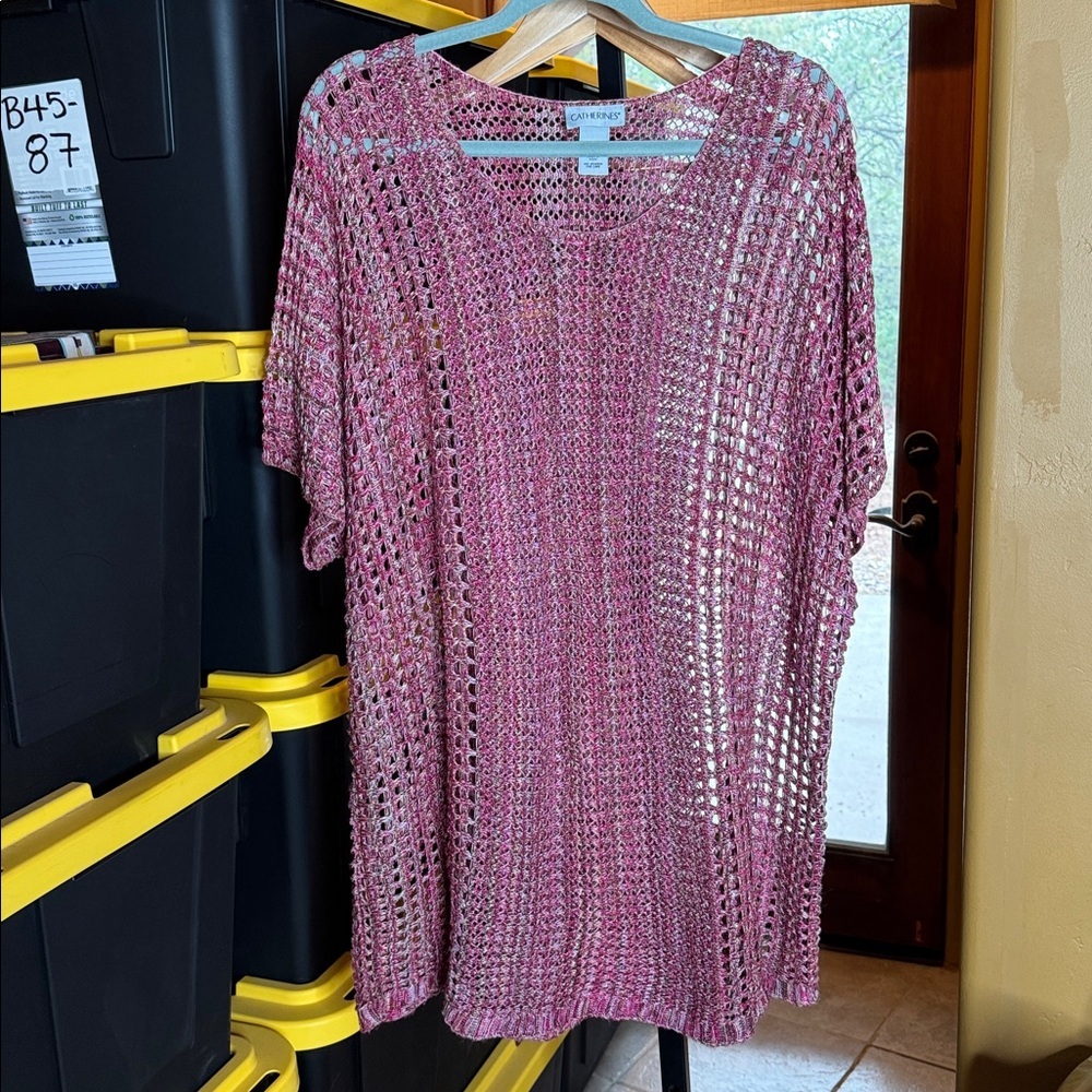 Catherines Pink and Brown Open Knit Tunic Sweater Size 2X